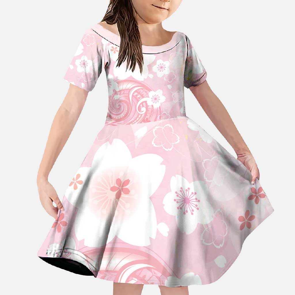 Japan Sakura Floral with Polynesian Vibe Family Matching Mermaid Dress and Hawaiian Shirt LT9 Daughter's Dress Pink - Polynesian Pride
