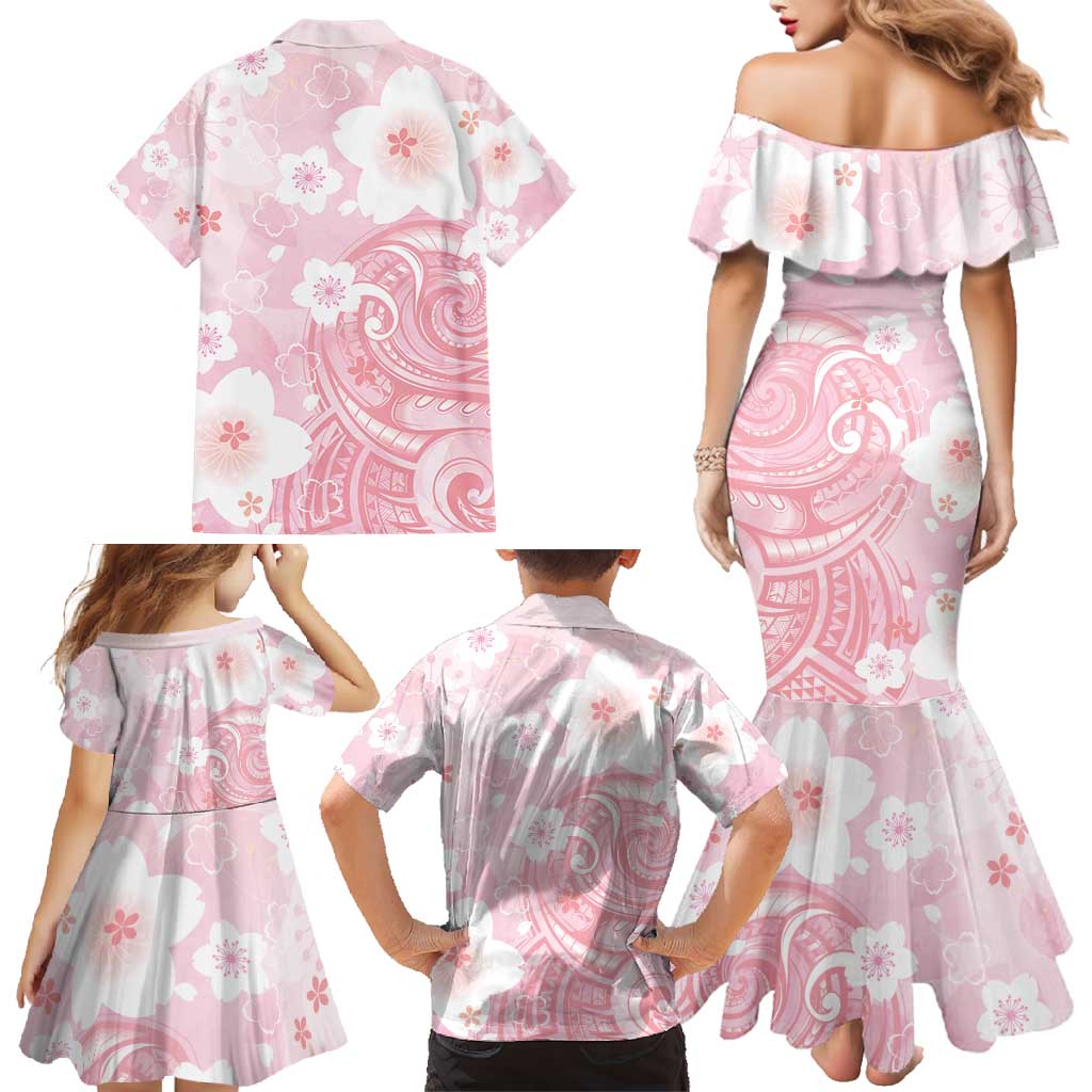 Japan Sakura Floral with Polynesian Vibe Family Matching Mermaid Dress and Hawaiian Shirt LT9 - Polynesian Pride