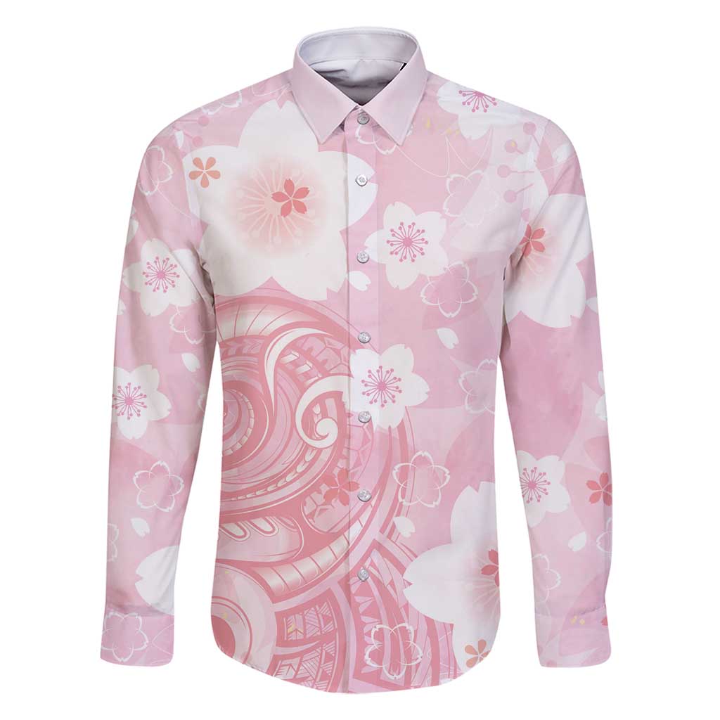 Japan Sakura Floral with Polynesian Vibe Family Matching Mermaid Dress and Hawaiian Shirt LT9 Dad's Shirt - Long Sleeve Pink - Polynesian Pride