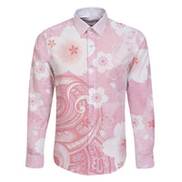 Japan Sakura Floral with Polynesian Vibe Family Matching Off Shoulder Maxi Dress and Hawaiian Shirt LT9 Dad's Shirt - Long Sleeve Pink - Polynesian Pride