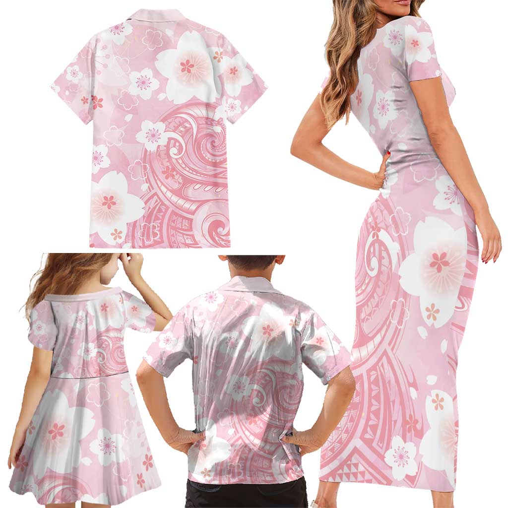 Japan Sakura Floral with Polynesian Vibe Family Matching Short Sleeve Bodycon Dress and Hawaiian Shirt LT9 - Polynesian Pride