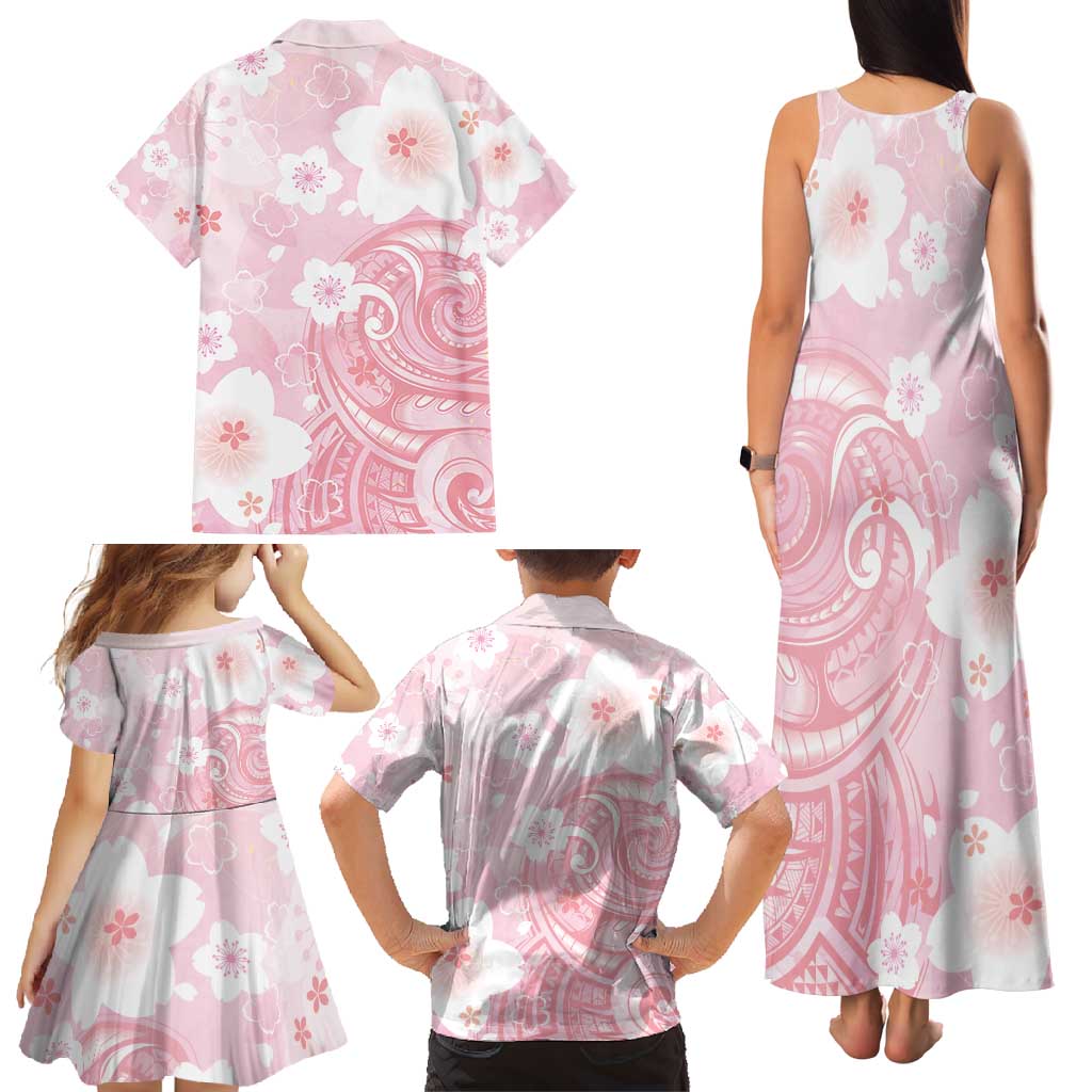 Japan Sakura Floral with Polynesian Vibe Family Matching Tank Maxi Dress and Hawaiian Shirt