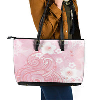 Japan Sakura Floral with Polynesian Vibe Leather Tote Bag