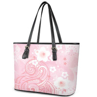 Japan Sakura Floral with Polynesian Vibe Leather Tote Bag