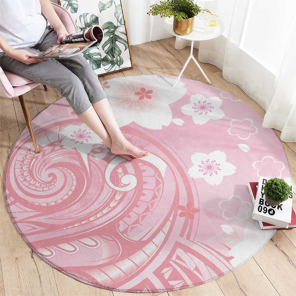 Japan Sakura Floral with Polynesian Vibe Round Carpet