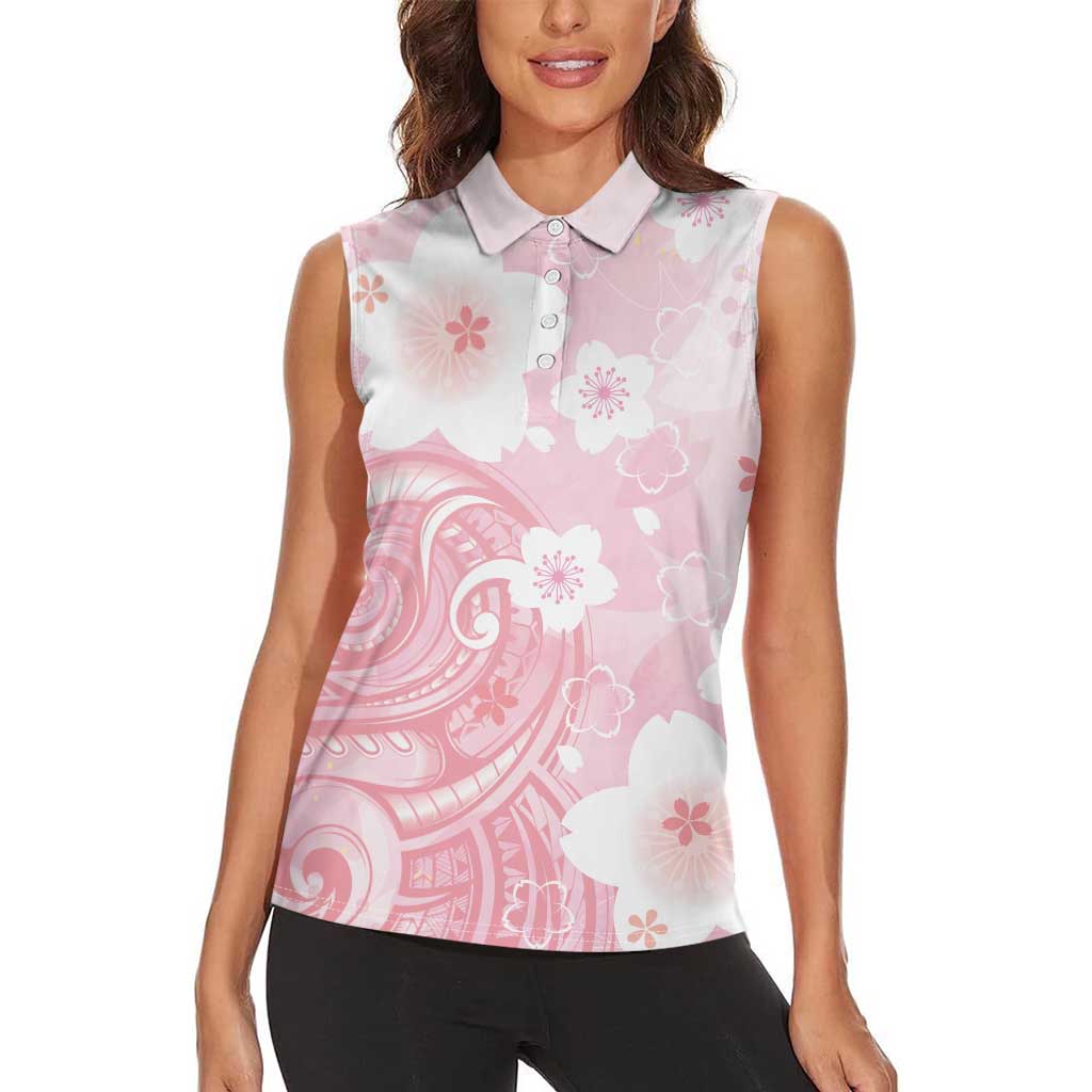 Japan Sakura Floral with Polynesian Vibe Women Sleeveless Polo Shirt LT9 - Polynesian Pride