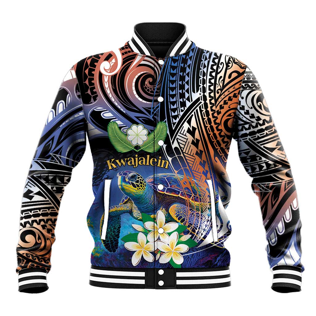 Marshall Islands Kwajalein Atoll Baseball Jacket Plumeria Sea Turtle with Polynesian Tribal