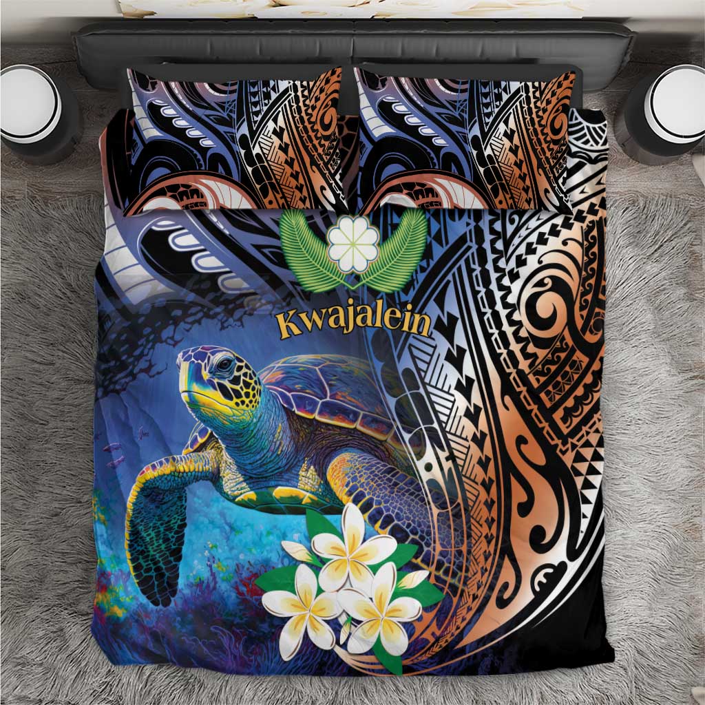 Marshall Islands Kwajalein Atoll Bedding Set Plumeria Sea Turtle with Polynesian Tribal