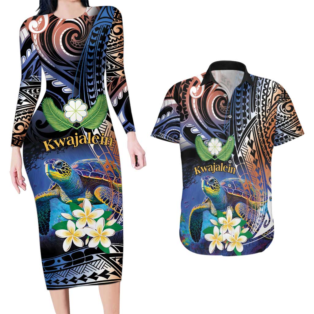 Marshall Islands Kwajalein Atoll Couples Matching Long Sleeve Bodycon Dress and Hawaiian Shirt Plumeria Sea Turtle with Polynesian Tribal