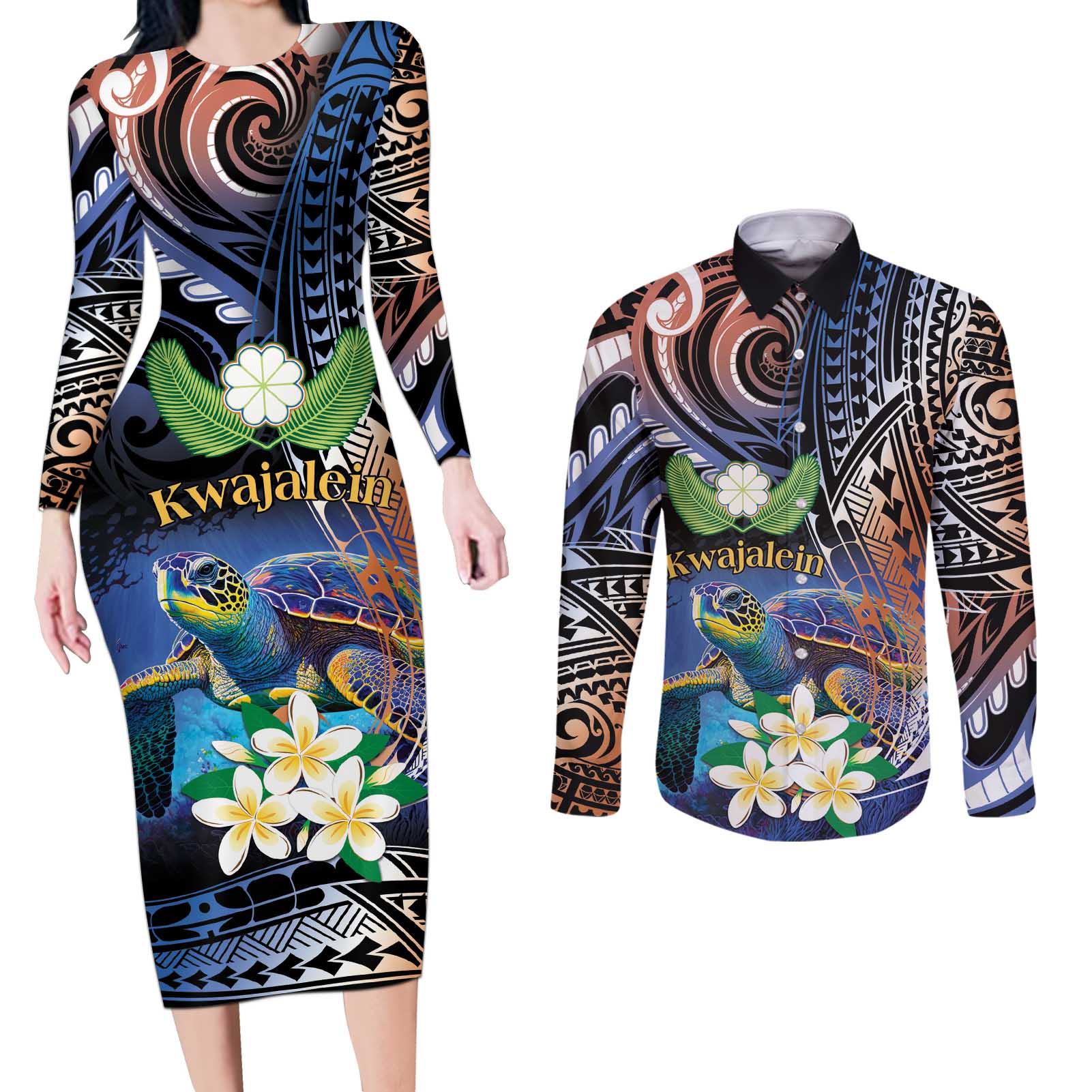 Marshall Islands Kwajalein Atoll Couples Matching Long Sleeve Bodycon Dress and Long Sleeve Button Shirt Plumeria Sea Turtle with Polynesian Tribal