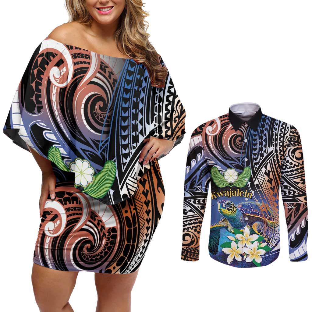 Marshall Islands Kwajalein Atoll Couples Matching Off Shoulder Short Dress and Long Sleeve Button Shirt Plumeria Sea Turtle with Polynesian Tribal