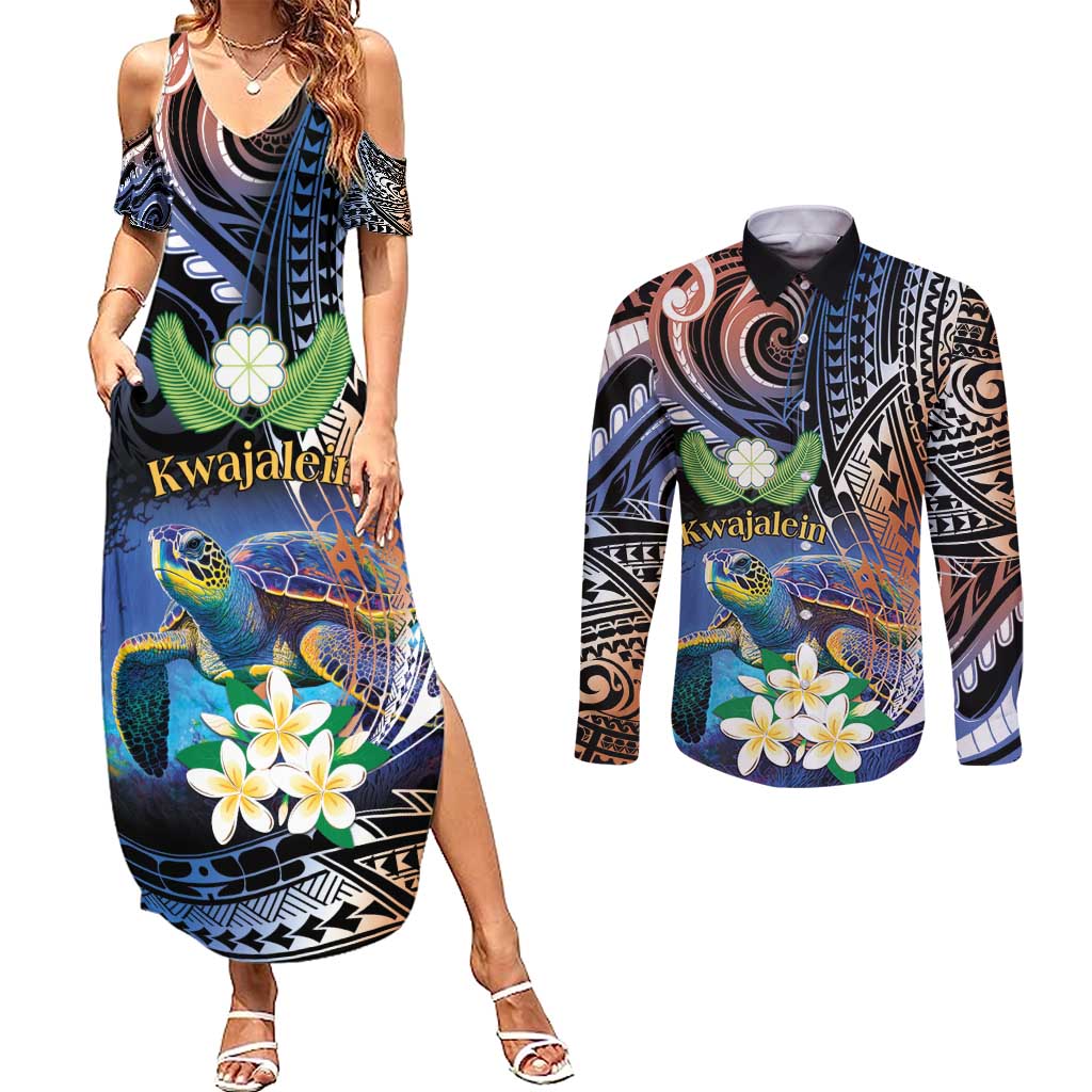 Marshall Islands Kwajalein Atoll Couples Matching Summer Maxi Dress and Long Sleeve Button Shirt Plumeria Sea Turtle with Polynesian Tribal