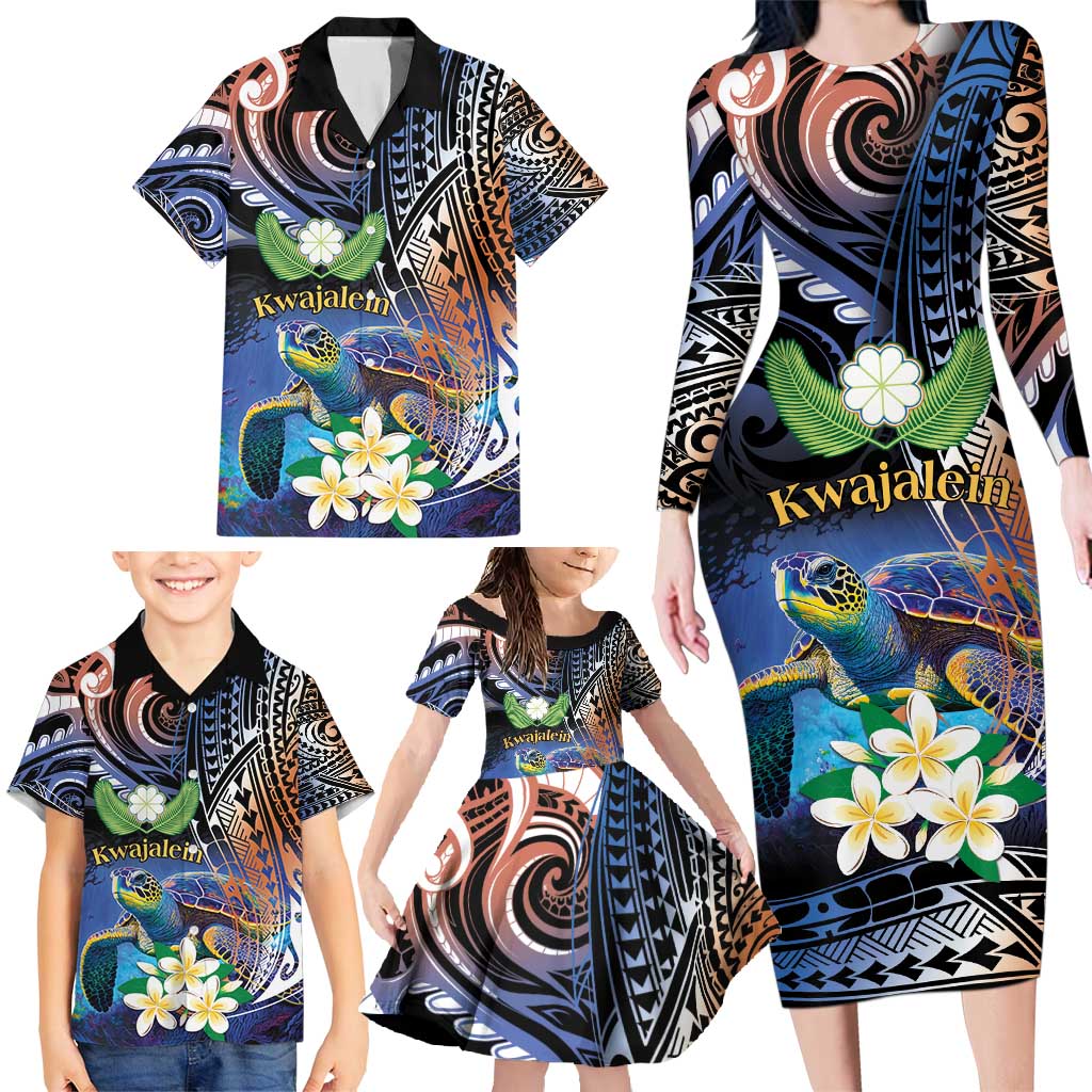 Marshall Islands Kwajalein Atoll Family Matching Long Sleeve Bodycon Dress and Hawaiian Shirt Plumeria Sea Turtle with Polynesian Tribal