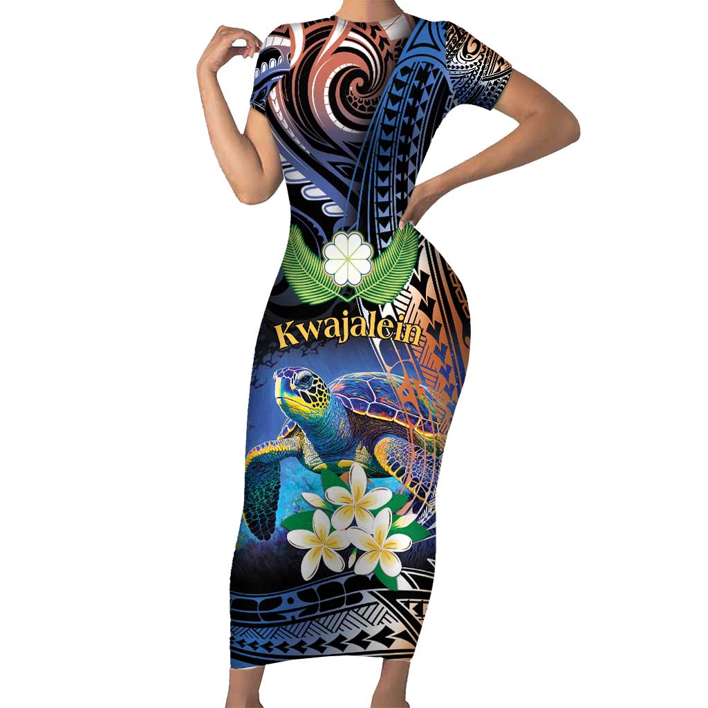 Marshall Islands Kwajalein Atoll Family Matching Short Sleeve Bodycon Dress and Hawaiian Shirt Plumeria Sea Turtle with Polynesian Tribal