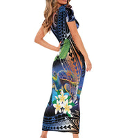 Marshall Islands Kwajalein Atoll Family Matching Short Sleeve Bodycon Dress and Hawaiian Shirt Plumeria Sea Turtle with Polynesian Tribal