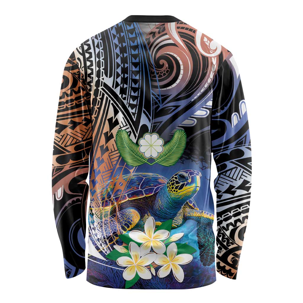 Marshall Islands Kwajalein Atoll Long Sleeve Shirt Plumeria Sea Turtle with Polynesian Tribal
