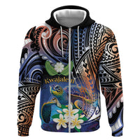 Marshall Islands Kwajalein Atoll Zip Hoodie Plumeria Sea Turtle with Polynesian Tribal