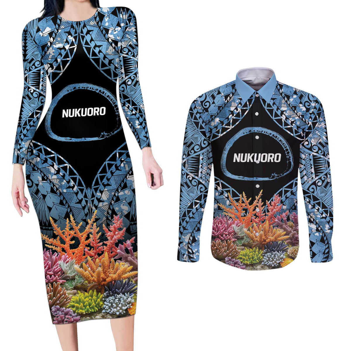 Personalised Nukuoro Micronesia Atoll Couples Matching Long Sleeve Bodycon Dress and Long Sleeve Button Shirt with Pacific Coral Reef LT9 Blue - Polynesian Pride