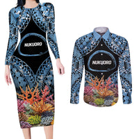 Personalised Nukuoro Micronesia Atoll Couples Matching Long Sleeve Bodycon Dress and Long Sleeve Button Shirt with Pacific Coral Reef LT9 Blue - Polynesian Pride