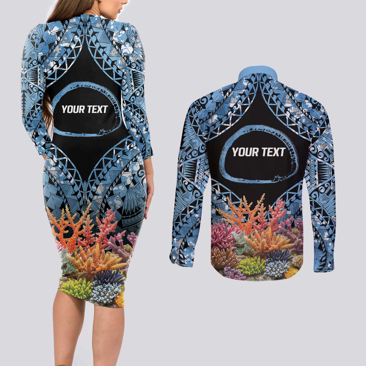Personalised Nukuoro Micronesia Atoll Couples Matching Long Sleeve Bodycon Dress and Long Sleeve Button Shirt with Pacific Coral Reef LT9 - Polynesian Pride