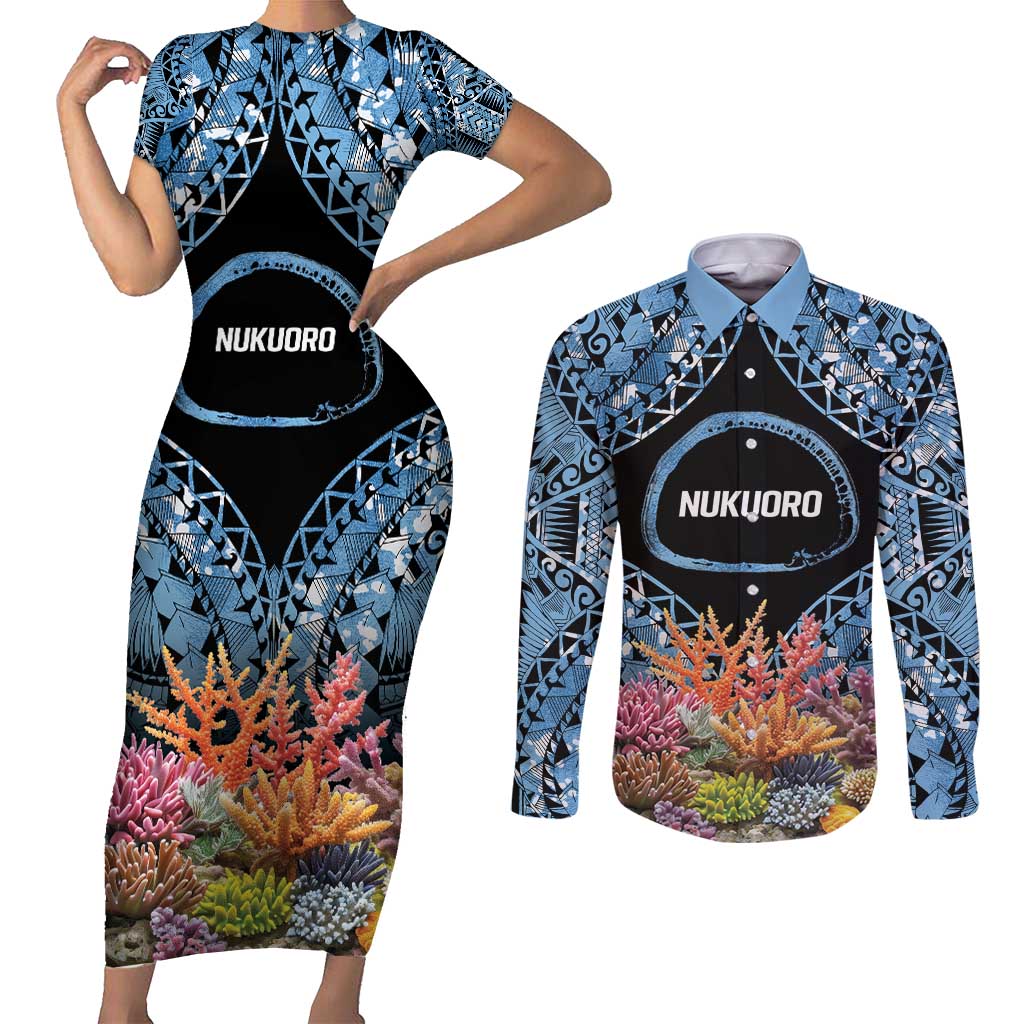 Personalised Nukuoro Micronesia Atoll Couples Matching Short Sleeve Bodycon Dress and Long Sleeve Button Shirt with Pacific Coral Reef LT9 Blue - Polynesian Pride