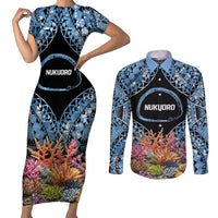 Personalised Nukuoro Micronesia Atoll Couples Matching Short Sleeve Bodycon Dress and Long Sleeve Button Shirt with Pacific Coral Reef LT9 Blue - Polynesian Pride