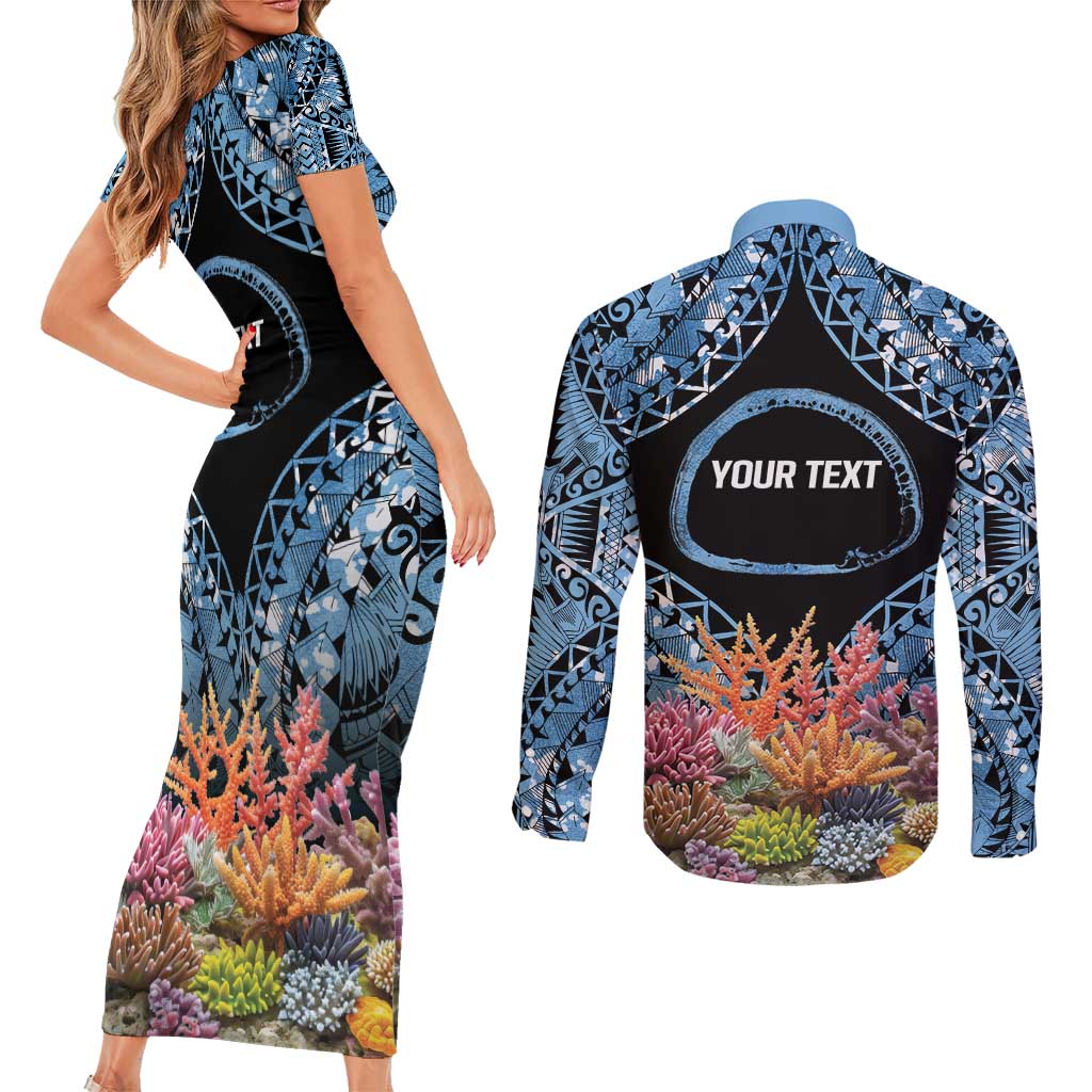 Personalised Nukuoro Micronesia Atoll Couples Matching Short Sleeve Bodycon Dress and Long Sleeve Button Shirt with Pacific Coral Reef LT9 - Polynesian Pride