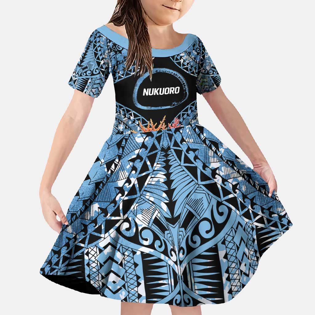 Personalised Nukuoro Micronesia Atoll Family Matching Long Sleeve Bodycon Dress and Hawaiian Shirt with Pacific Coral Reef LT9 Daughter's Dress Blue - Polynesian Pride