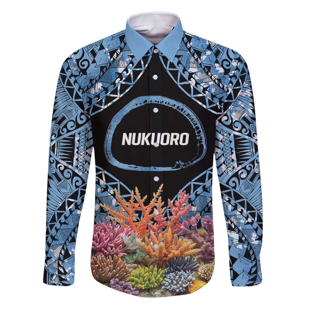 Personalised Nukuoro Micronesia Atoll Family Matching Long Sleeve Bodycon Dress and Hawaiian Shirt with Pacific Coral Reef LT9 Dad's Shirt - Long Sleeve Blue - Polynesian Pride