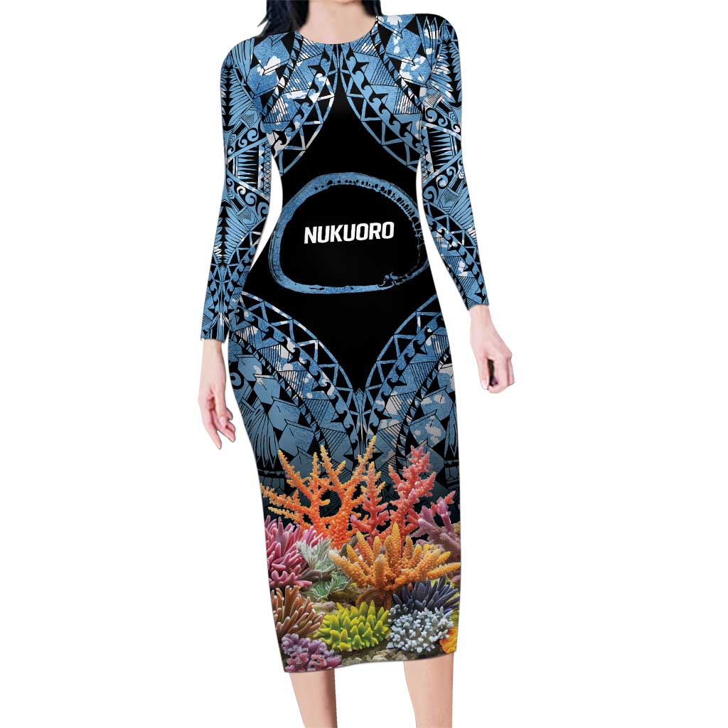 Personalised Nukuoro Micronesia Atoll Family Matching Long Sleeve Bodycon Dress and Hawaiian Shirt with Pacific Coral Reef LT9 Mom's Dress Blue - Polynesian Pride