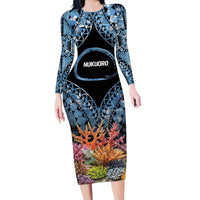 Personalised Nukuoro Micronesia Atoll Family Matching Long Sleeve Bodycon Dress and Hawaiian Shirt with Pacific Coral Reef LT9 Mom's Dress Blue - Polynesian Pride