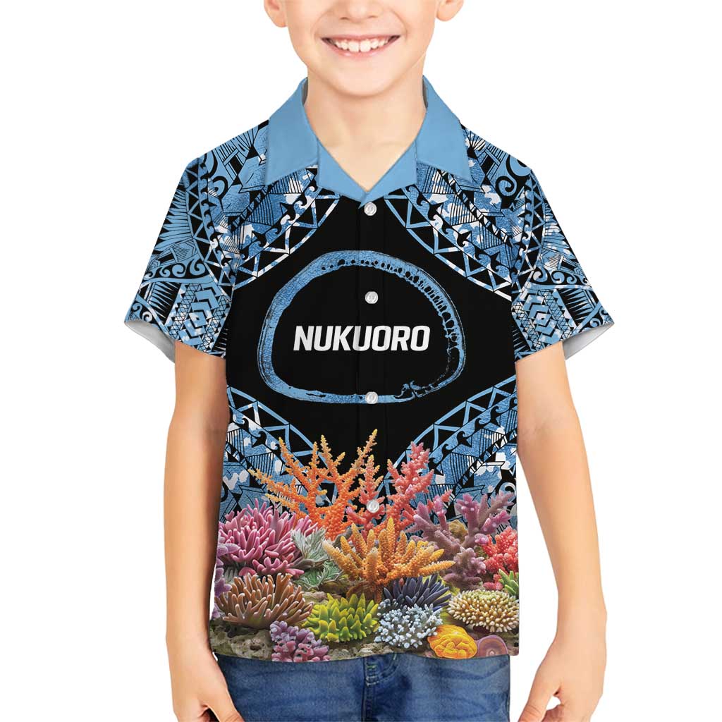 Personalised Nukuoro Micronesia Atoll Family Matching Long Sleeve Bodycon Dress and Hawaiian Shirt with Pacific Coral Reef LT9 Son's Shirt Blue - Polynesian Pride