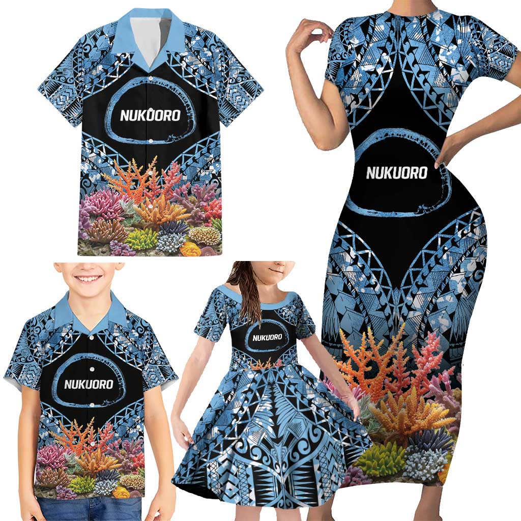 Personalised Nukuoro Micronesia Atoll Family Matching Short Sleeve Bodycon Dress and Hawaiian Shirt with Pacific Coral Reef LT9 - Polynesian Pride