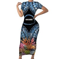 Personalised Nukuoro Micronesia Atoll Family Matching Short Sleeve Bodycon Dress and Hawaiian Shirt with Pacific Coral Reef LT9 Mom's Dress Blue - Polynesian Pride