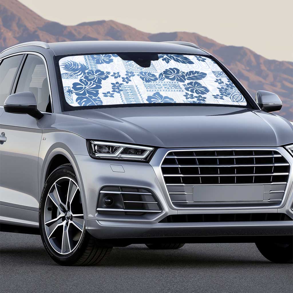 Vintage Hawaii Auto Sun Shade Hibiscus Tapa Tribal With Hawaiian Quilt Pattern Blue - Polynesian Pride