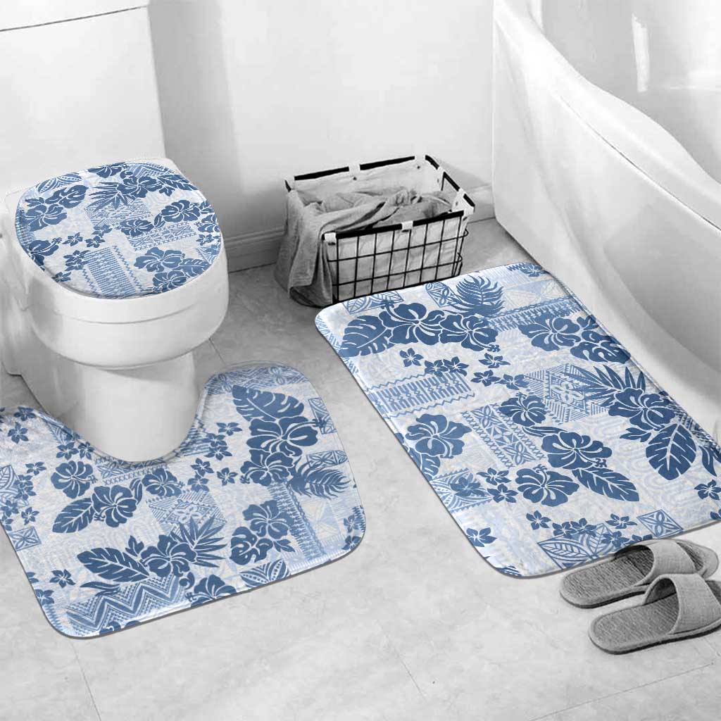 Vintage Hawaii Bathroom Set Hibiscus Tapa Tribal With Hawaiian Quilt Pattern Blue - Polynesian Pride