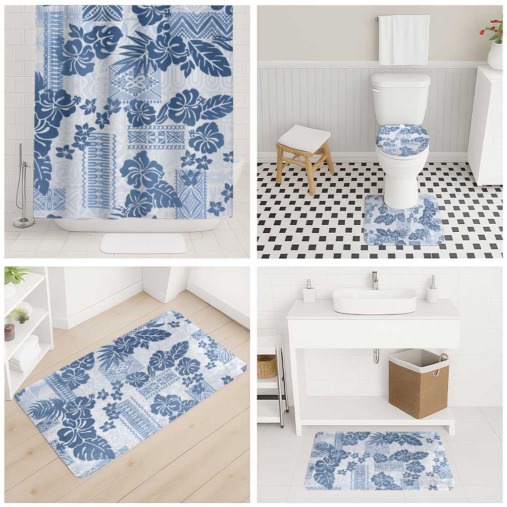 Vintage Hawaii Bathroom Set Hibiscus Tapa Tribal With Hawaiian Quilt Pattern Blue - Polynesian Pride