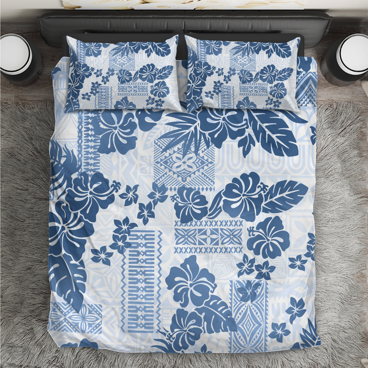 Vintage Hawaii Bedding Set Hibiscus Tapa Tribal With Hawaiian Quilt Pattern Blue LT9 Blue - Polynesian Pride