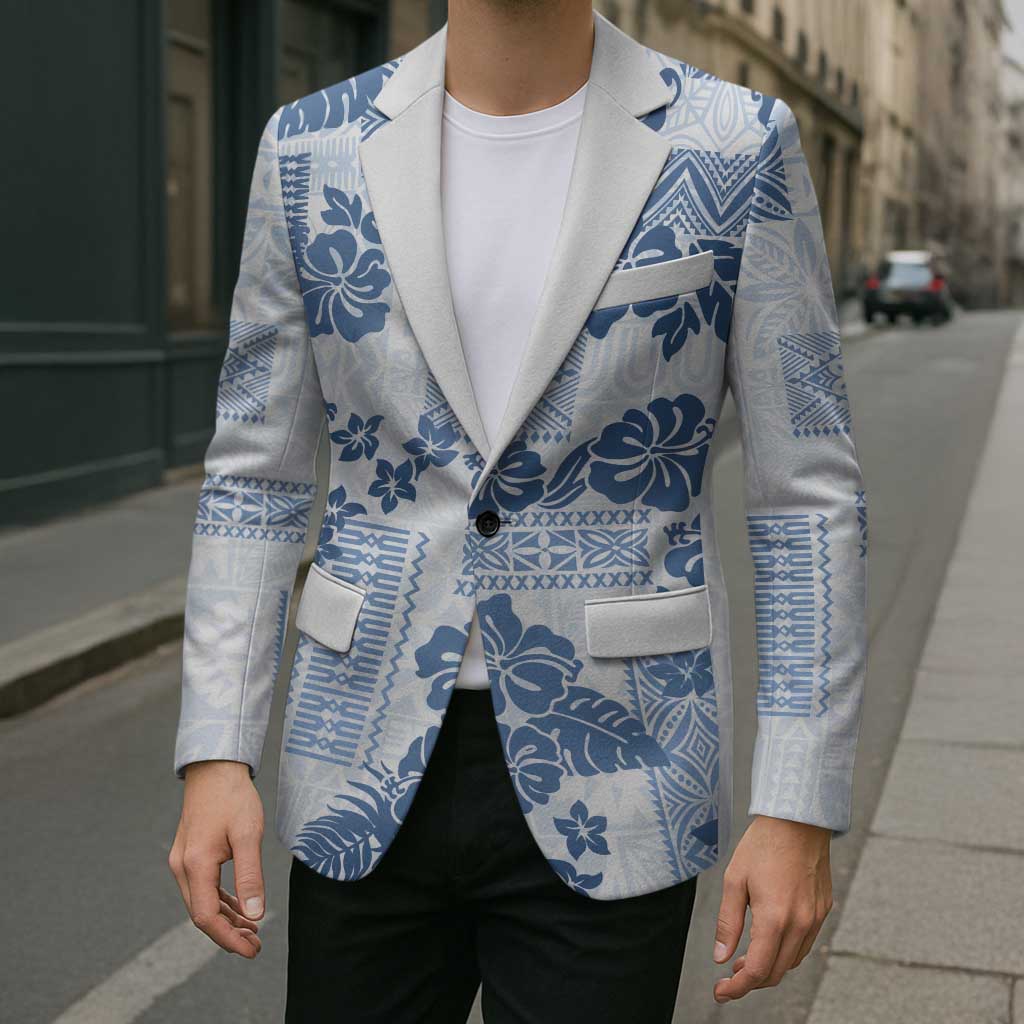 Vintage Hawaii Blazer Hibiscus Tapa Tribal With Hawaiian Quilt Pattern Blue - Polynesian Pride