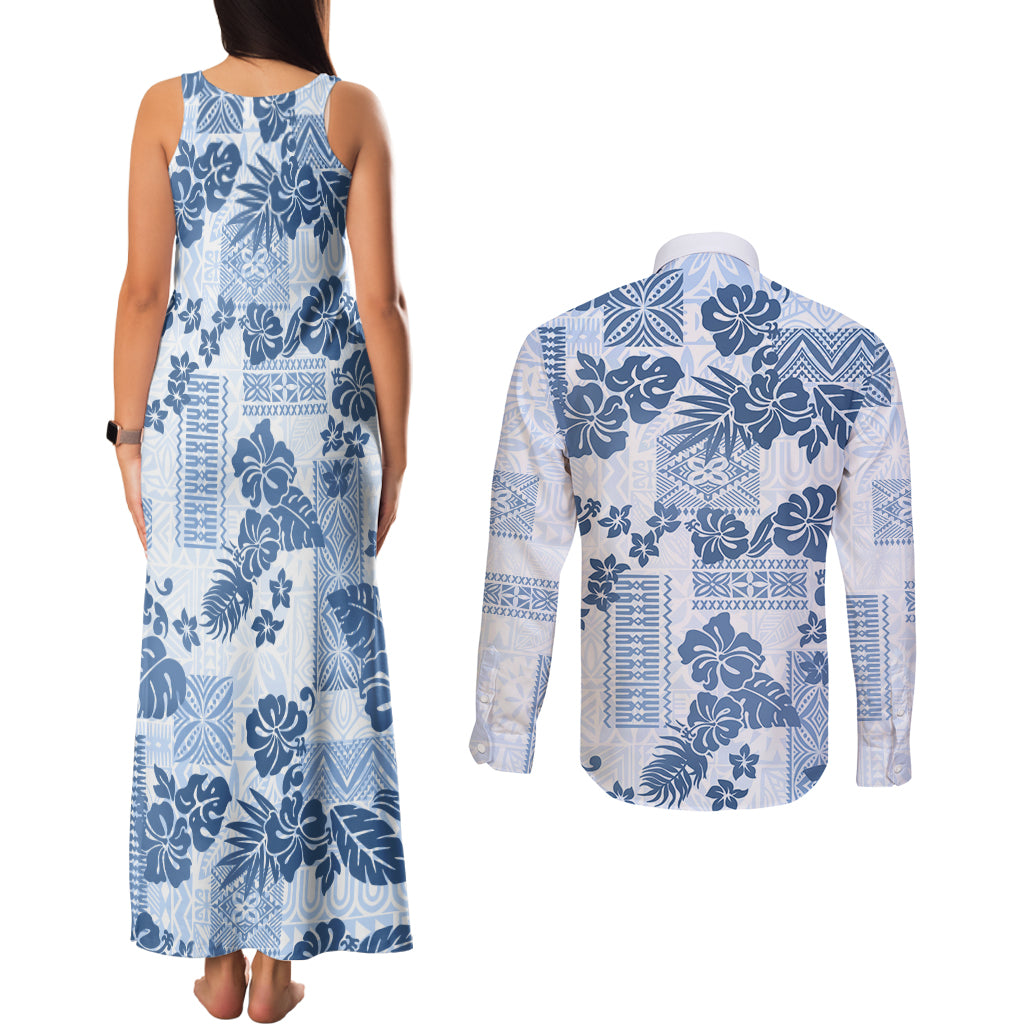 Vintage Hawaii Couples Matching Tank Maxi Dress and Long Sleeve Button Shirt Hibiscus Tapa Tribal With Hawaiian Quilt Pattern Blue LT9 - Polynesian Pride