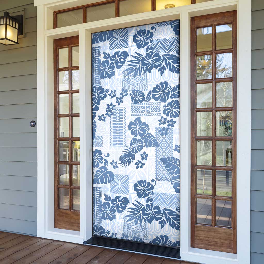 Vintage Hawaii Door Cover Hibiscus Tapa Tribal With Hawaiian Quilt Pattern Blue - Polynesian Pride