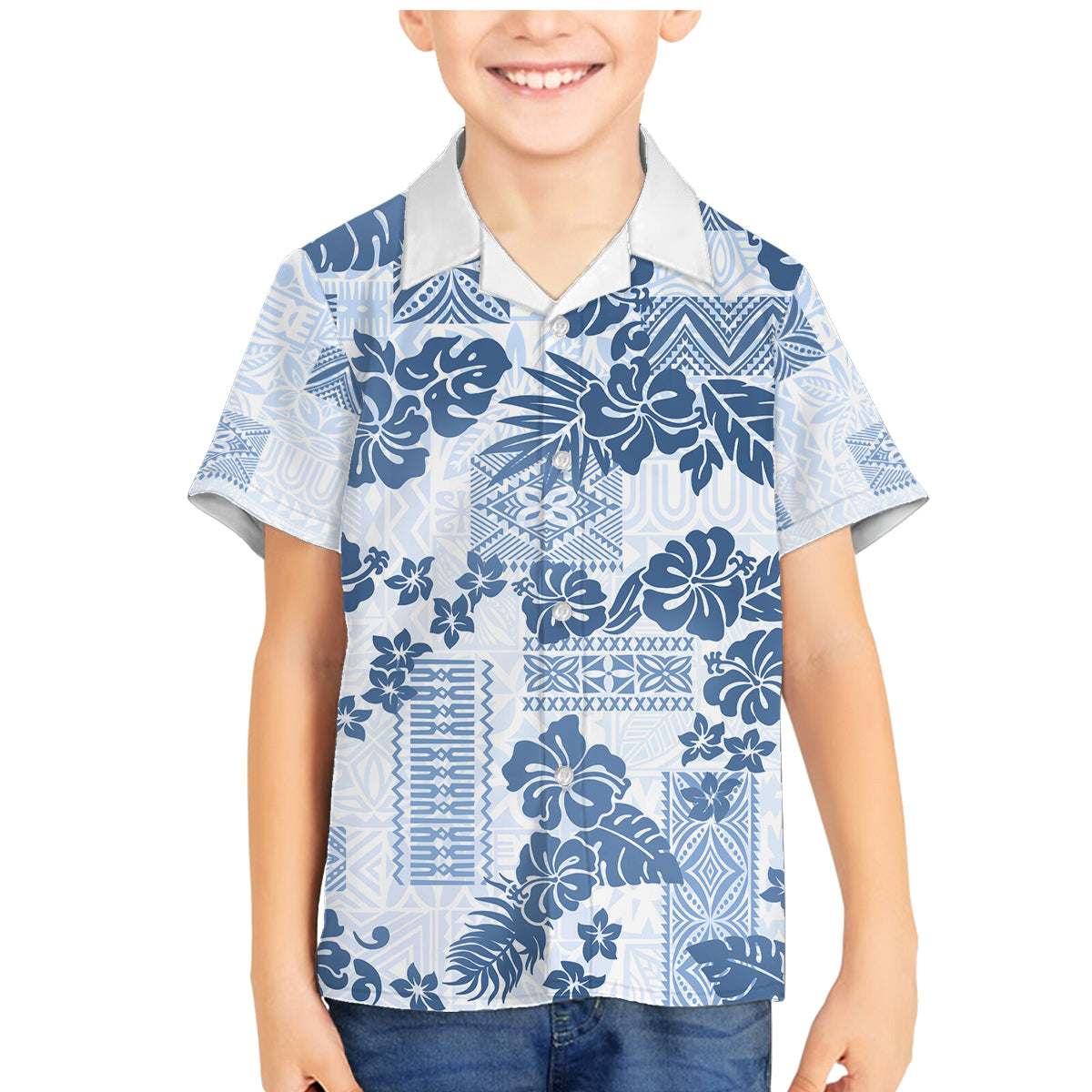 Vintage Hawaii Family Matching Mermaid Dress and Hawaiian Shirt Hibiscus Tapa Tribal With Hawaiian Quilt Pattern Blue LT9 Son's Shirt Blue - Polynesian Pride