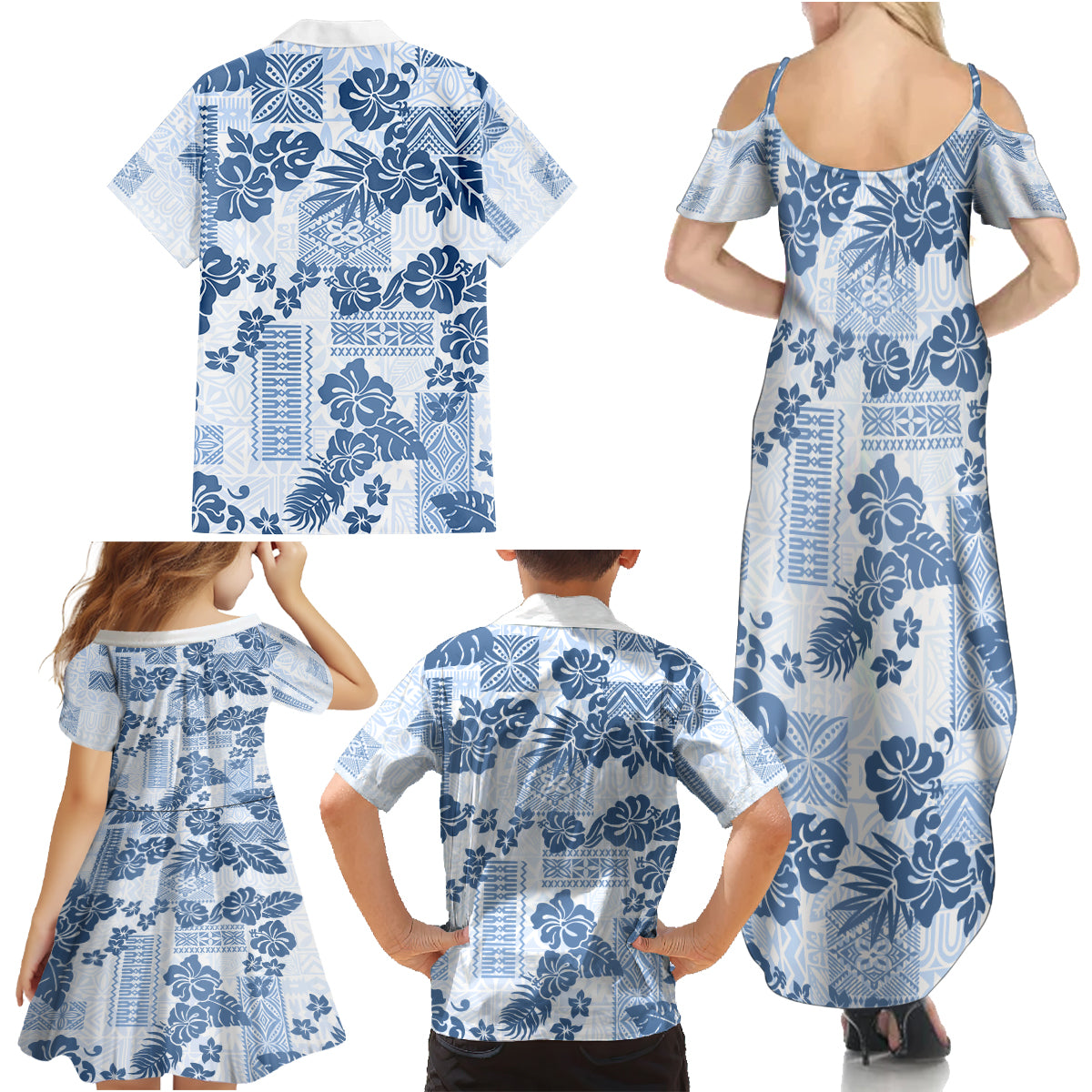 Vintage Hawaii Family Matching Summer Maxi Dress and Hawaiian Shirt Hibiscus Tapa Tribal With Hawaiian Quilt Pattern Blue LT9 - Polynesian Pride