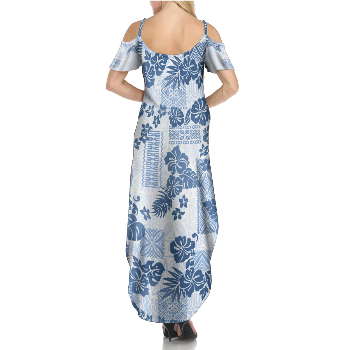 Vintage Hawaii Family Matching Summer Maxi Dress and Hawaiian Shirt Hibiscus Tapa Tribal With Hawaiian Quilt Pattern Blue LT9 - Polynesian Pride