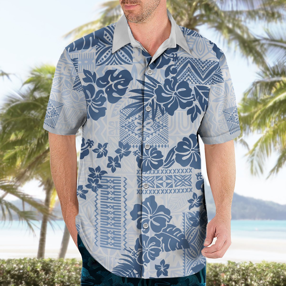 Vintage Hawaii Hawaiian Shirt Hibiscus Tapa Tribal With Hawaiian Quilt Pattern Blue LT9 - Polynesian Pride