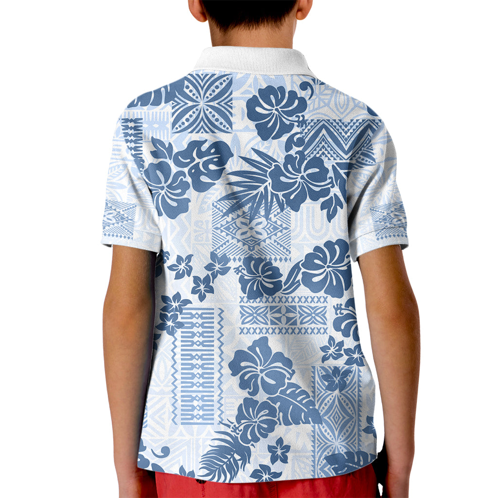 Vintage Hawaii Kid Polo Shirt Hibiscus Tapa Tribal With Hawaiian Quilt Pattern Blue LT9 - Polynesian Pride