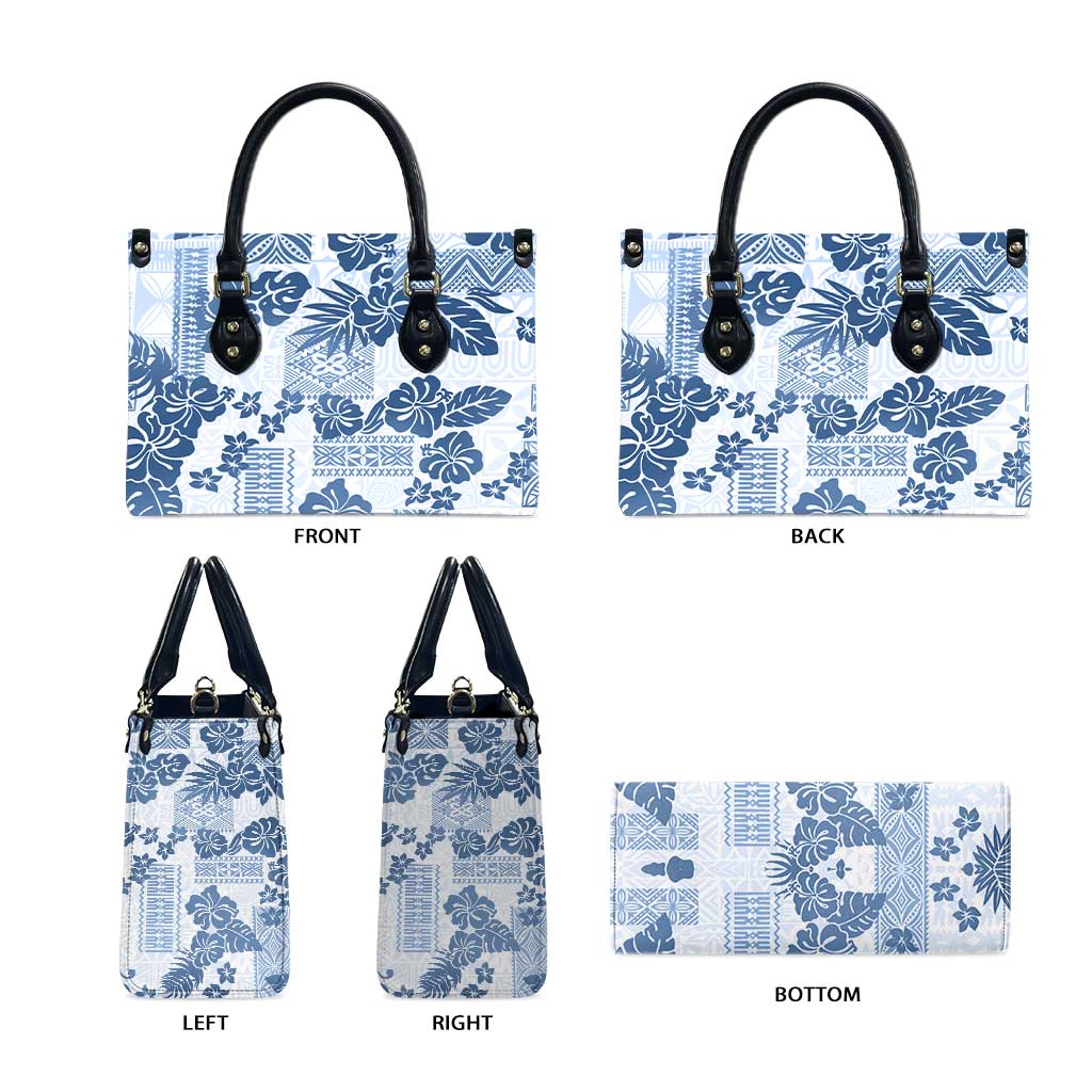 Vintage Hawaii Leather Bag Hibiscus Tapa Tribal With Hawaiian Quilt Pattern Blue - Polynesian Pride