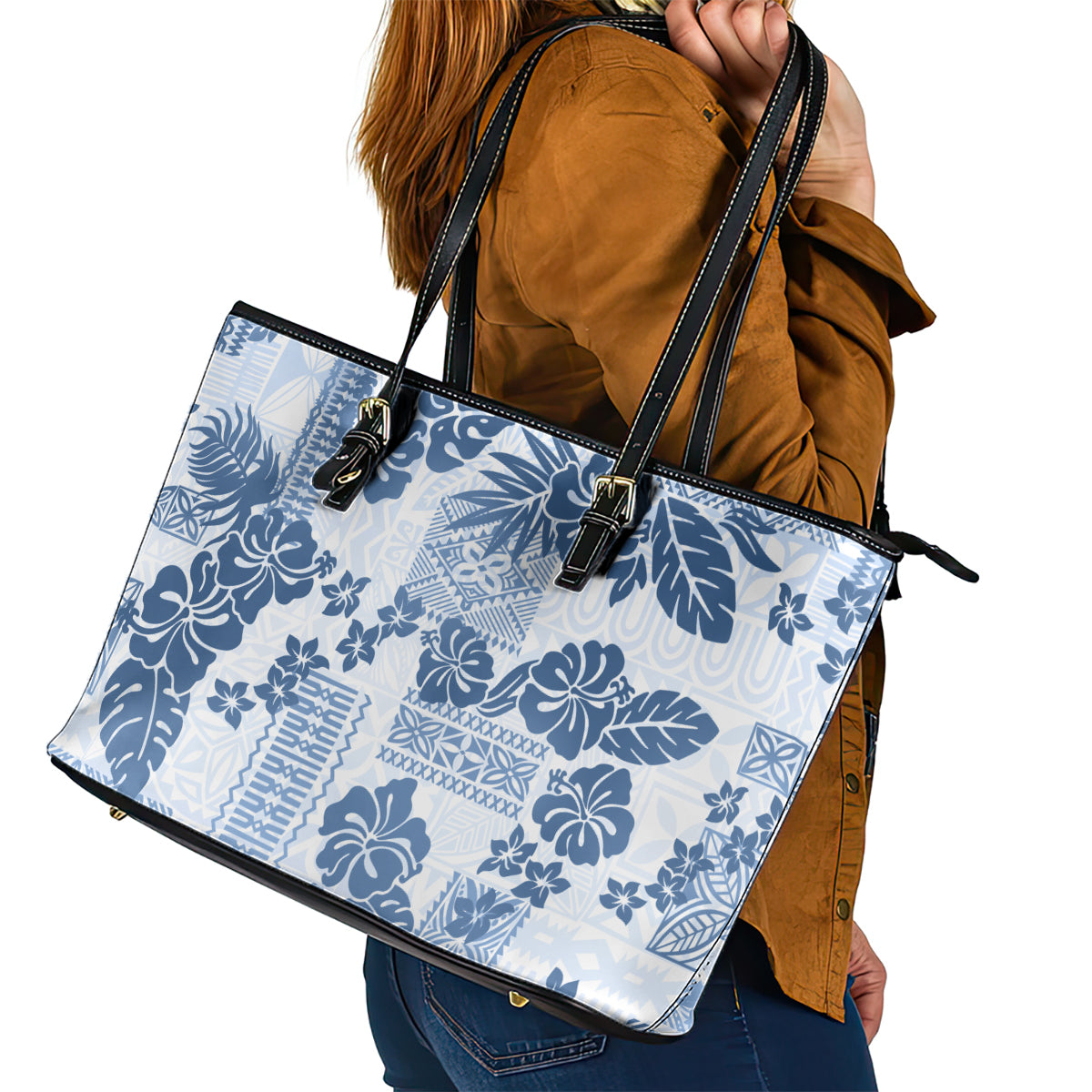 Vintage Hawaii Leather Tote Bag Hibiscus Tapa Tribal With Hawaiian Quilt Pattern Blue LT9 - Polynesian Pride