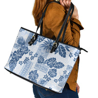 Vintage Hawaii Leather Tote Bag Hibiscus Tapa Tribal With Hawaiian Quilt Pattern Blue LT9 - Polynesian Pride