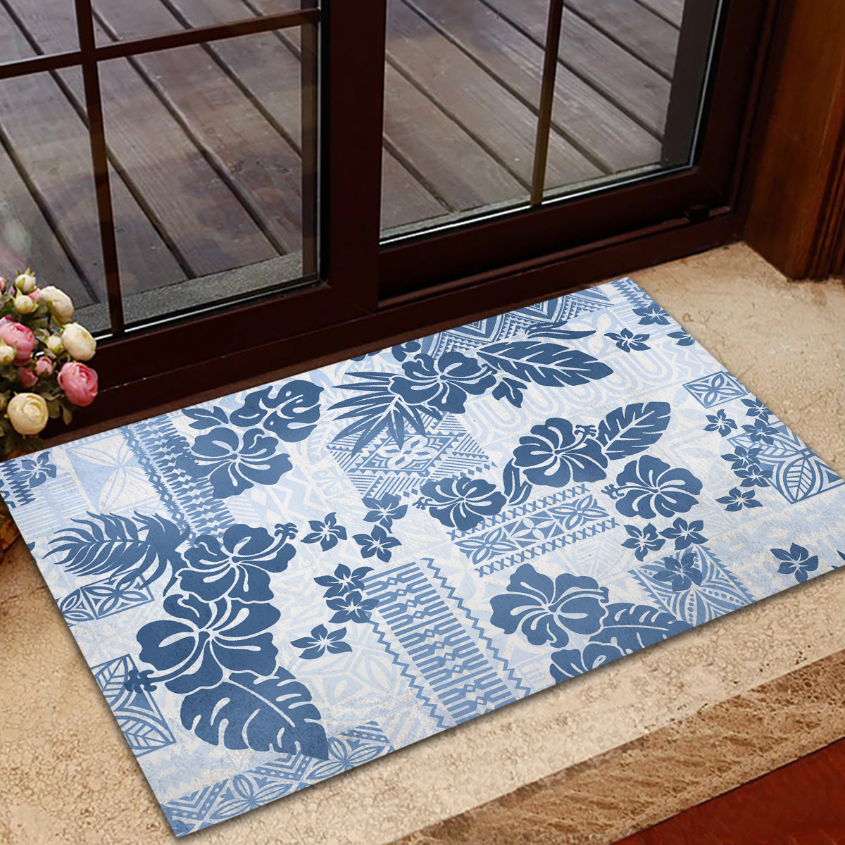 Vintage Hawaii Rubber Doormat Hibiscus Tapa Tribal With Hawaiian Quilt Pattern Blue LT9 - Polynesian Pride